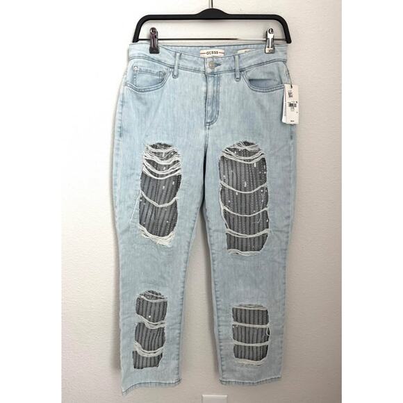 Guess Women’s Sequin Y2K Relaxed Fit Distressed Denim Jeans Sz 27 NWT‎ - Picture 1 of 9